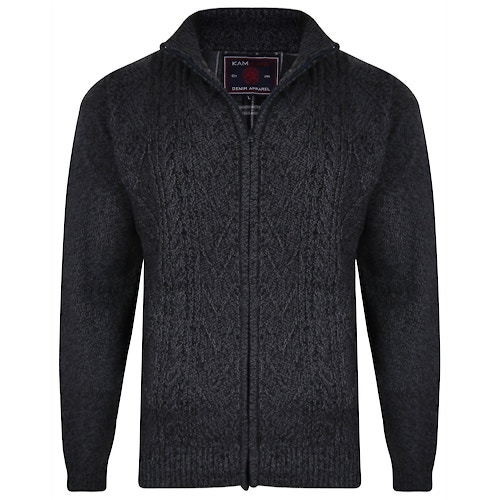 KAM Full Zip Check Lined Cardigan Charcoal